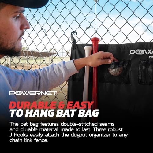 PowerNet Hanging Bat Bag Caddy for Baseball and Softball Teams, Team Bag Dugout Organizer, Holds 12 Hanging Bats on Fence (Black) - Image 5
