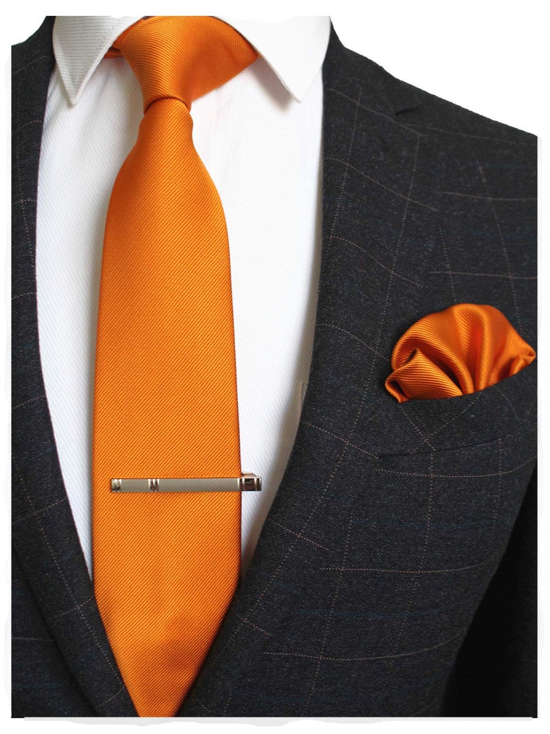JEMYGINS Orange Formal Necktie and Pocket Square, Hankerchief and Tie Bar Clip Sets for Men - Image 2