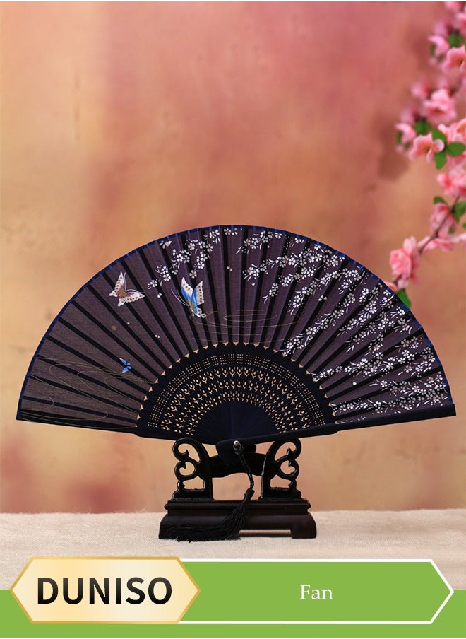 DUNISO Folding hand fan, Chinese Japanese retro bamboo silk fan, silk folding fan, elegant classical style, suitable for dance, performance, decoration, weddings, parties  - Image 1