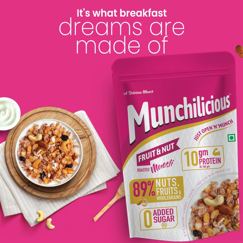 Munchilicious Muesli - Fruit & Nut, 350g | 75% Nuts, Grains, Seeds, Fruits & Berries | Roasted & Ready-to-Eat | High Protein & Fiber | Healthy Breakfast Cereal for Active Lifestyle - Image 2