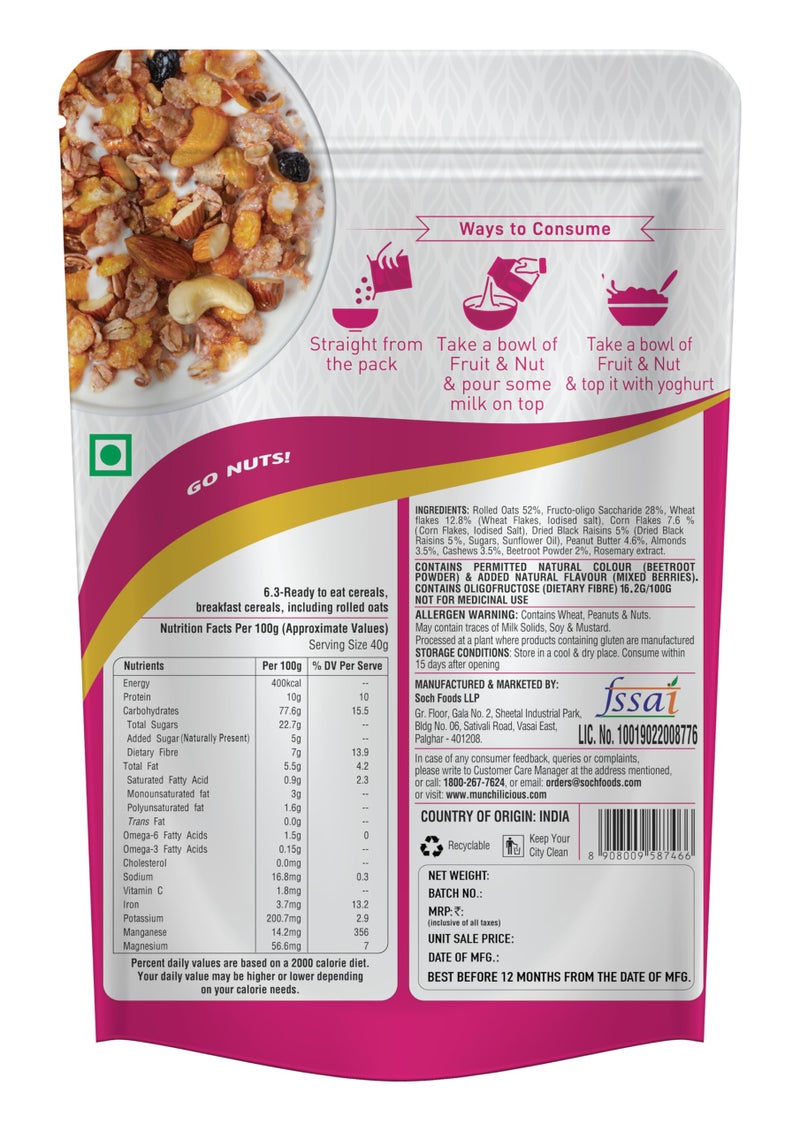 Munchilicious Muesli - Fruit & Nut, 350g | 75% Nuts, Grains, Seeds, Fruits & Berries | Roasted & Ready-to-Eat | High Protein & Fiber | Healthy Breakfast Cereal for Active Lifestyle - Image 3
