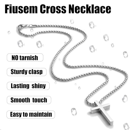 Fiusem Silver Tone Cross Necklace for Men, Mens Cross Necklaces with 2.5mm Cross Chain and Stainless Steel Cross Pendant Small, Box Chain 18 Inch - Image 4