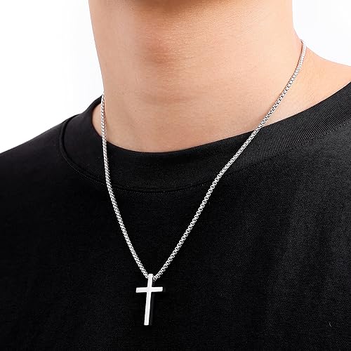 Fiusem Silver Tone Cross Necklace for Men, Mens Cross Necklaces with 2.5mm Cross Chain and Stainless Steel Cross Pendant Small, Box Chain 18 Inch - Image 2