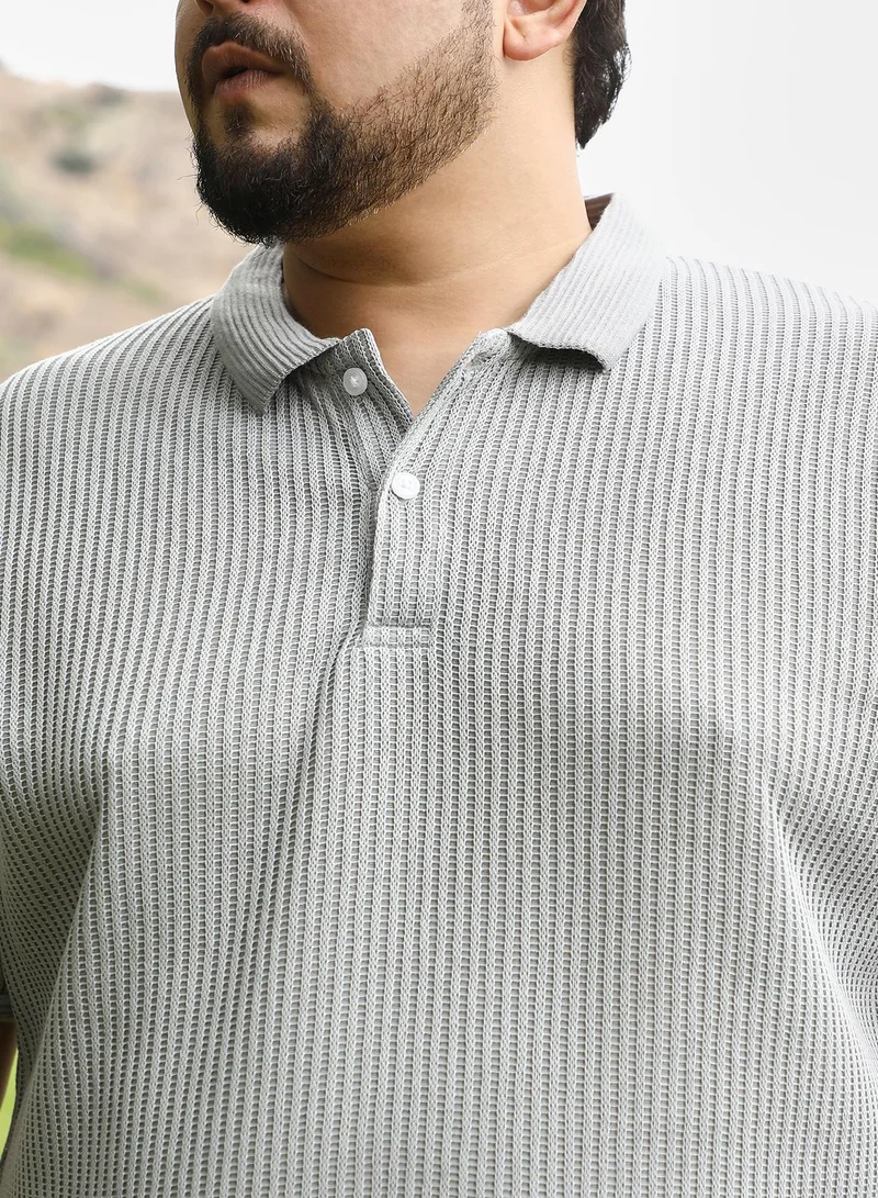 انستافاب بلس Instafab Plus Men Solid Ribbed Polo T-Shirt | Jacquard Polo Neck , Short Jacquard Cuff Sleeves | Half-Button Closure , Straight Hem | Solid Jacquard | Knit Fabric For Casual & Daily Wear | Coin Grey