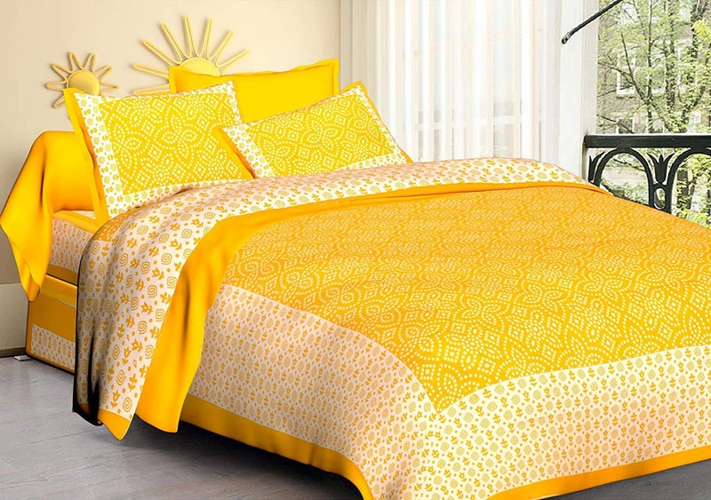 ART WORLD Pure Cotton Classic Rajasthani Traditional Chunari Printed Double Bed Sheet with Pillow Covers (Yellow, Queen Size) - Image 1