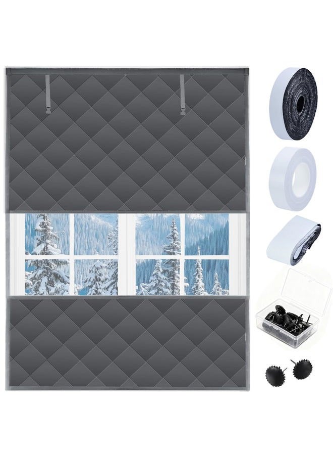 Jeyeou Visible Thermal Window Insulation Kit for Winter, Waterproof Winterizing Oxford Cloth Insulated Cover 3 Layer Grey Reusable Insulated Window Curtain Blanket Cotton Layer to Keep Warm 63 * 39 Inches - Image 1