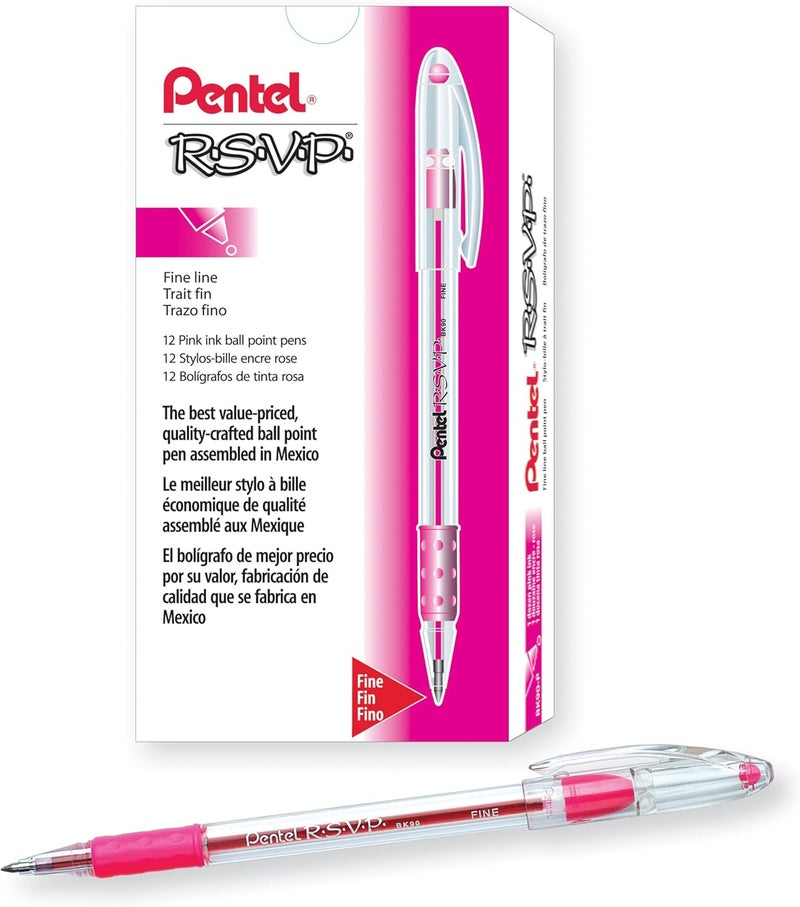Pentel RSVP Ballpoint Pen, (0.7mm) Fine Line, Pink Ink, Box of 12 (BK90-P) - Image 1