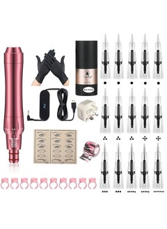 Permanent Tattoo Machine Set with Tattoo Cartridge Needle Eyeliner Eyebrow Practice Skin Ring Cup Microblade Beauty Salon Pigment Equipment for Beginner or Dedicated Tattoo Artist (Pink)