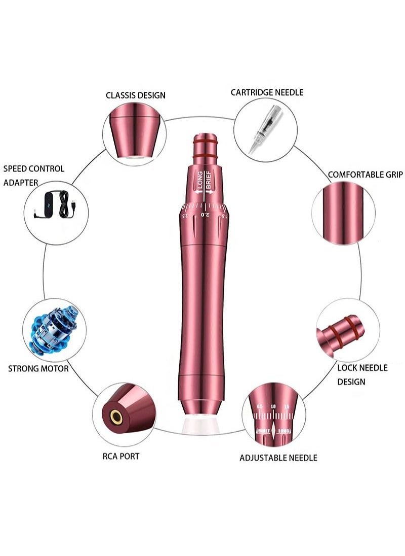 Ybeauty - Permanent Tattoo Machine Set with Tattoo Cartridge Needle Eyeliner Eyebrow Practice Skin Ring Cup Microblade Beauty Salon Pigment Equipment for Beginner or Dedicated Tattoo Artist (Pink) - Image 1