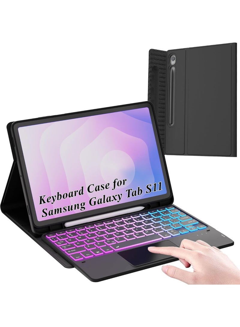 Arabic/English two-language keyboard for Samsung Galaxy Tab S11 11 inch 2025 Case with Keyboard : Rainbow Backlight Detachable Touchpad Folio Tablet Cover with S-Pen Holder - Wireless Keyboard Case for Galaxy Tab S11 11", Black - Image 1
