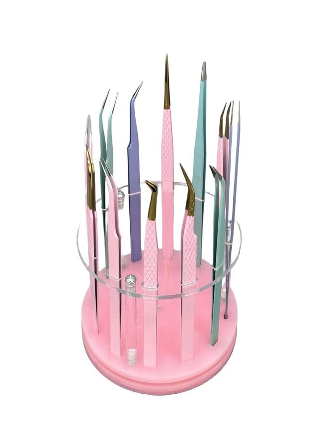 LIXIMMAZN 12 Holes Rotatable Acrylic Tweezers Holder, Grafting Eyelash Makeup Tweezer Stand Display Extensions Organizer Individual Training Tools (Pink) - Image 1