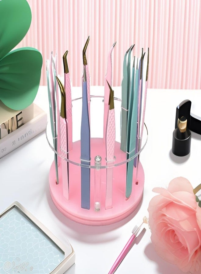 LIXIMMAZN 12 Holes Rotatable Acrylic Tweezers Holder, Grafting Eyelash Makeup Tweezer Stand Display Extensions Organizer Individual Training Tools (Pink) - Image 2