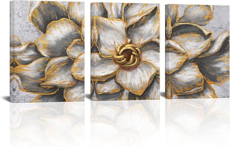 Kalormore Gold Grey Blossom Flowers Canvas Art Set - Image 1