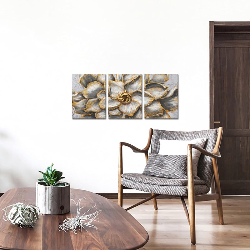 Kalormore Gold Grey Blossom Flowers Canvas Art Set - Image 3