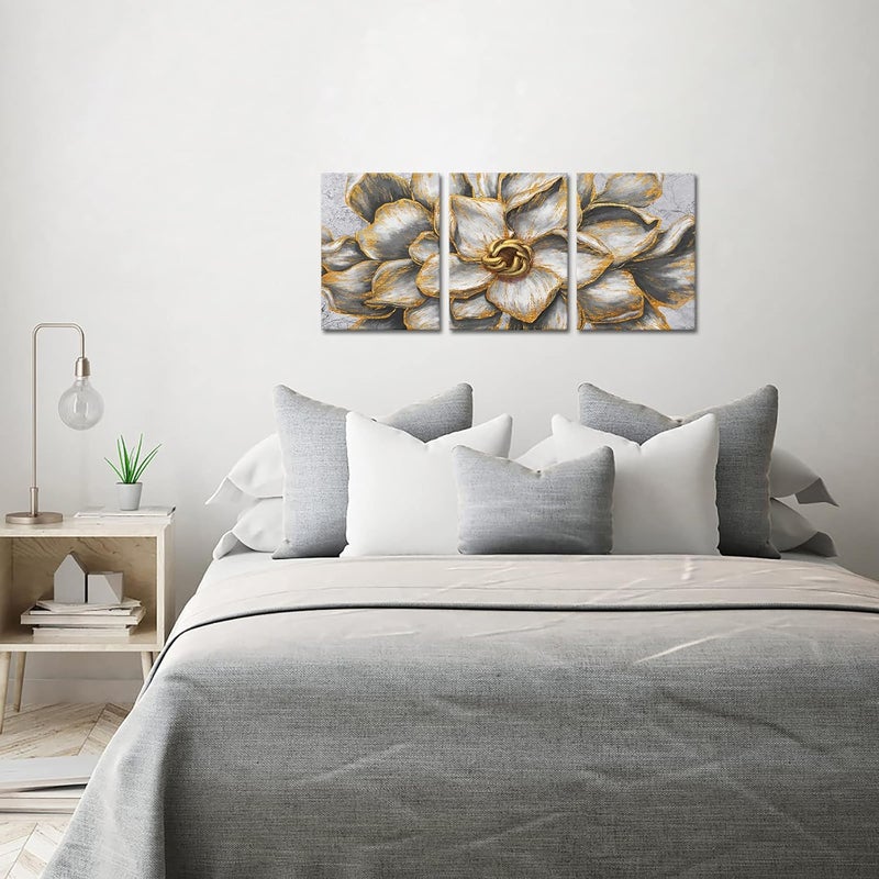 Kalormore Gold Grey Blossom Flowers Canvas Art Set - Image 4