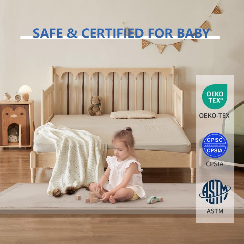 Huloo Sleep Play Mat for Babies Toddlers,1.3" Thick Elasti-Foam Anti-Fall Cushion Mat for Kids Room,28Ã—72 Bedroom Bedside Rugs,Water-Repellent Soft Coral Velvet,Non-Slip(Beige) - Image 5