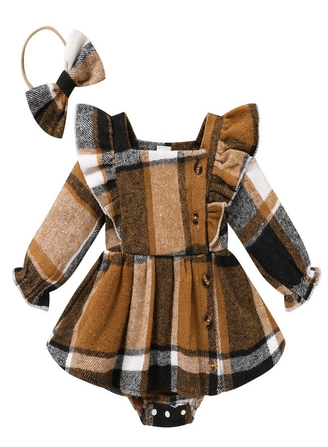 TITKKOP Newborn Baby Girl Fall Winter Clothes Plaid Long Sleeve Romper Buttons Outfit Ruffles Dress with Bow Headband (Brown,6-12M) - Image 1