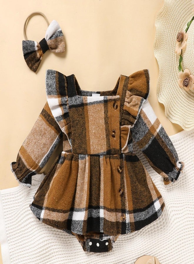TITKKOP Newborn Baby Girl Fall Winter Clothes Plaid Long Sleeve Romper Buttons Outfit Ruffles Dress with Bow Headband (Brown,6-12M) - Image 2