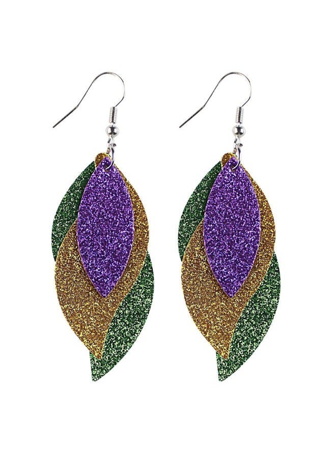 Colorful Mardi Gras Carnival Leaf Shape Leather Dangle Earrings Layered Shining Mardi Gras Theme Teardrop Earrings for Women Girls Jewelry, Leather, leather