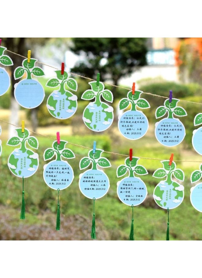 Arbor Day Listed For Spring Ring Creation Theme Wall Arrangement Classroom Kindergarten Primary School Students Outing Activity Card-Color:Plant This Green Hanging Card 120 Pieces + Green Ribbon + Tassel  - Image 2