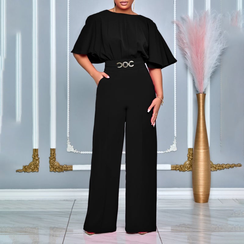 Summer Fashion Round Neck Solid High-Waist Plus-Size Jumpsuit rose red - Image 5