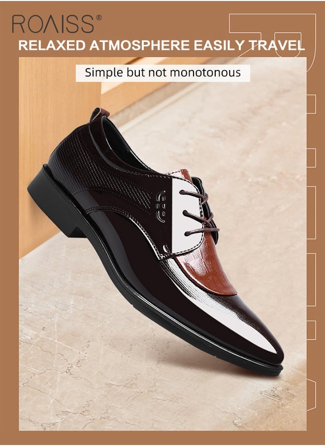 رويس أحذية رجالية من الجلد اللامع، أحذية رسمية منخفضة الرقبة مع أربطة ونعل مانع للانزلاق، أحذية أنيقة للرجال، أحذية جلدية كلاسيكية بسيطة للعمل، مناسبة للارتداء اليومي والعمل وحفلات الزفاف والأنشطة الخارجية - Image 1