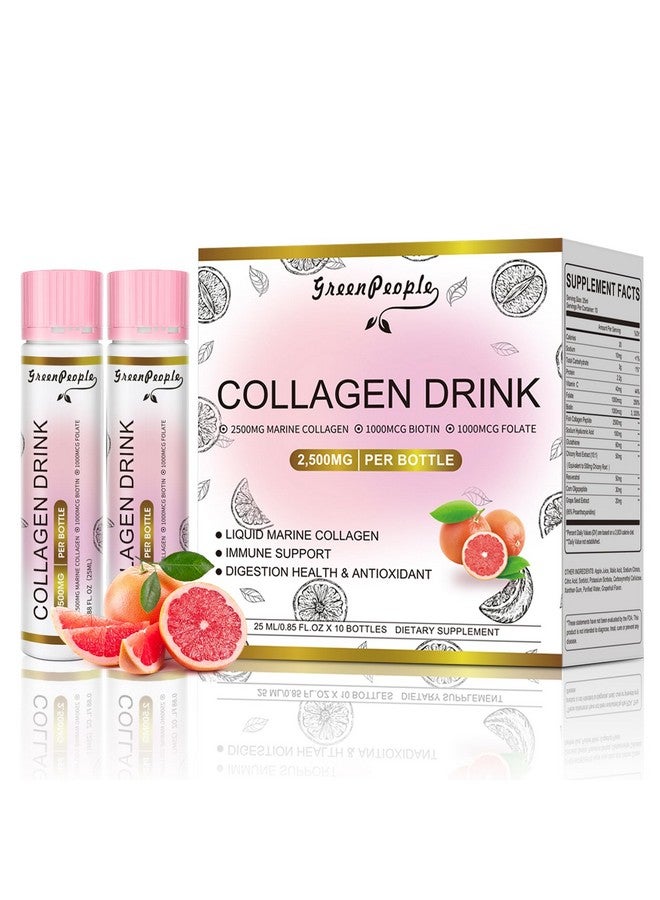 GREENPEOPLE GREENPEOPLE Liquid Collagen for Women & Men, 2500mg Fish Collagen Peptides + Hyaluronic Acid + Vitamin Bs & C, Hair Skin Nails Joints Bones Support (0.85 fl oz, 10 Bottles, Grapefruit)  - Image 1