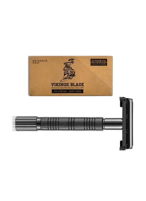 Double Edge Safety Razor For Beginners The Chieftain Jr By Vikings Blade Butterfly Twisttoopen Head Eco Friendly Smooth Close Clean Shaving Razor Suitable For All Genders (Meteorite Gray)