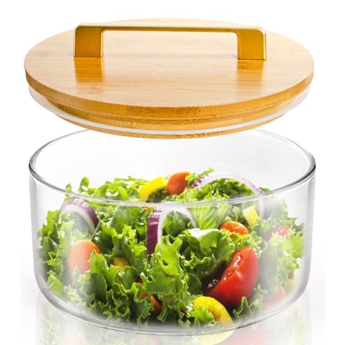 Peohud Glass Trifle Bowl, 8 Inch Clear Salad Bowl with Bamboo Lid, 85 Oz Large Dessert Serving Container for Party, Salad, Fruit, Ice Cream, Cake, Microwave Dishwasher Safe - Image 1