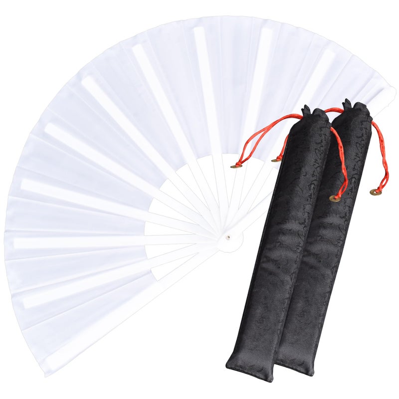 HONSHEN 2 Pack Large Folding Hand FanWhite Chinese Kung Fu Tai Chi Fan NylonCloth Fan for Men and Women Performance Dance Decorations Festival Gift Folding Fan Whitecase 2p