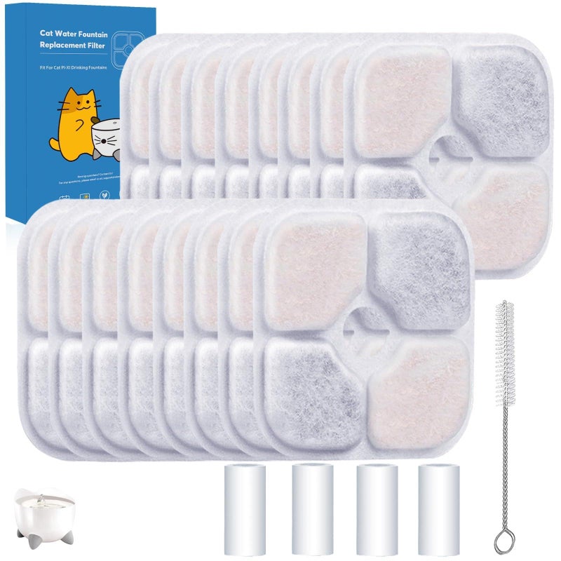 16-Pack Cat Water Fountain Filter Compatible With Catit Pixi Water Fountain Filter Replacement Triple Action Water Filter, 4 Pump Tubes 1 Hard Brush