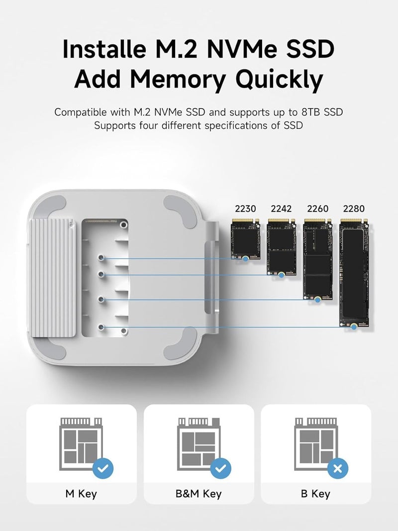 INICIO Mac mini M4 / M4 Pro Dock and Stand Hub with M.2 Nvme SSD Enclosure (SSD NOT Included) 2 x 10Gbps USB3.2 Gen2, USB 2.0 480Mbps, SD4.0, TF4.0, Power Supply, Support SSD Size 2230/2242/2260/2280 - Image 3