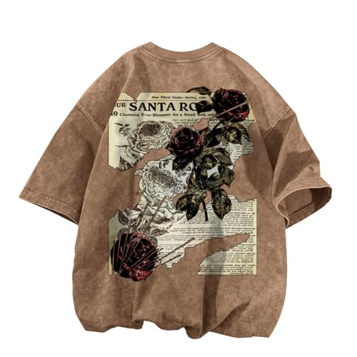 Lubpow Mens Acid Wash Tshirt Oversized Vintage Graphic T-Shirts Cool Grunge Rose Floral Shirt Trendy Y2K Streetwear Tee Tops(Coffee,S) - Image 1