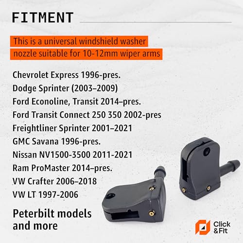 Click&Fit 3way Adjustable Windshield Washer Nozzles replacement for Peterbilt Dodge Sprinter Ford Transit Freightliner VW Crafter Windshield sprayers for 1012mm 04047 Wiper Arm by ClickFit - Image 3