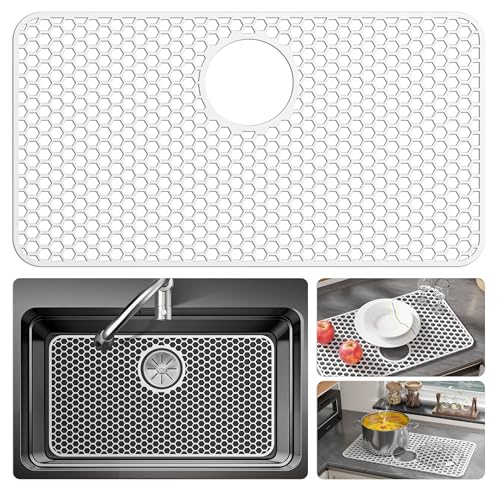 Bestjing Silicone Sink Protectors for Kitchen Sink - 26"x 14" Kitchen Protector Accessory, Non-Slip Heat Resistan Mat for Bottom of Farmhouse Stainless Steel Porcelain (Rear Drain Hole,White) - Image 1