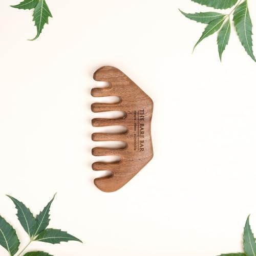 The Bare Bar Neem Wood Massager Comb - Big | Wood Head scalp massage comb tool - Gua Sha for hair massager | Wooden wide tooth comb hair massager for hair growth - Image 1