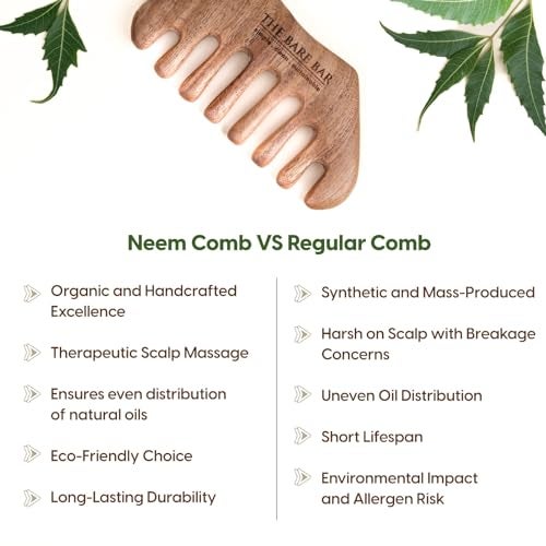 The Bare Bar Neem Wood Massager Comb - Big | Wood Head scalp massage comb tool - Gua Sha for hair massager | Wooden wide tooth comb hair massager for hair growth - Image 4