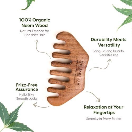 The Bare Bar Neem Wood Massager Comb - Big | Wood Head scalp massage comb tool - Gua Sha for hair massager | Wooden wide tooth comb hair massager for hair growth - Image 3