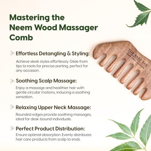 The Bare Bar Neem Wood Massager Comb - Big | Wood Head scalp massage comb tool - Gua Sha for hair massager | Wooden wide tooth comb hair massager for hair growth - Image 5