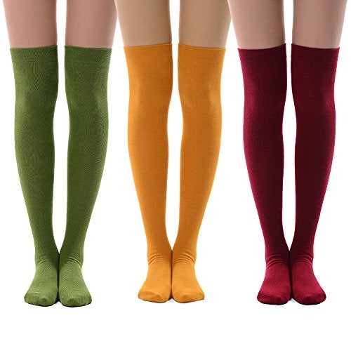 MEIKAN Orange Thigh High Stocking Women, Knee High Socks Velma Custome Socks Posing Ivy Socks Women's Green Orange Over Knee High Tights Mustard Yellow Red Green 3 Pairs - Image 1