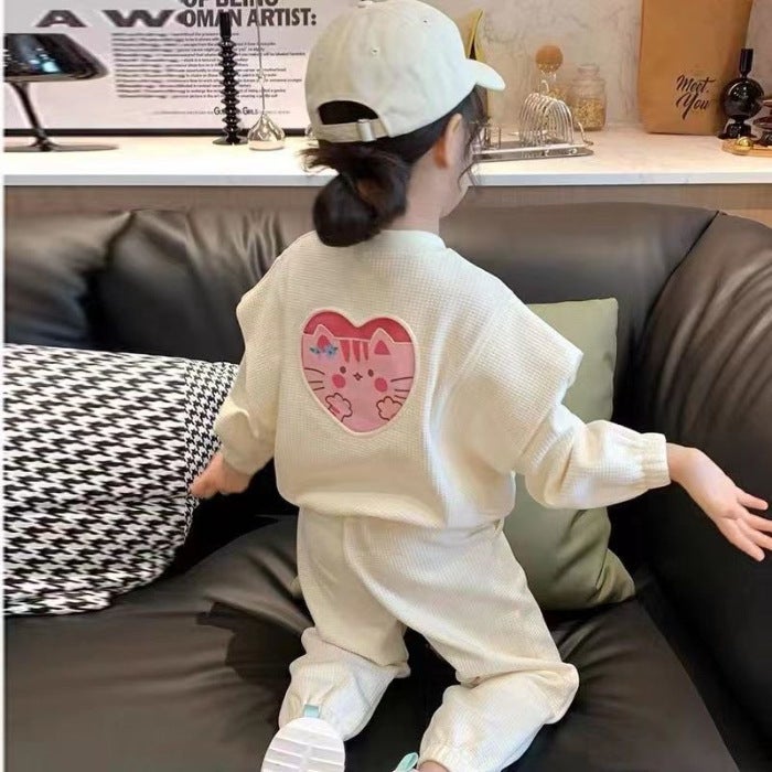 Girls Cartoon Letter Top  Pants Set Spring Autumn Apricot