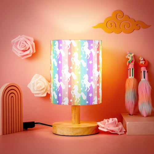 VIHOSE Cute Unicorn Kids Table Lamp for Bedroom Kids Bedside Lamp with Linen Wooden Nightstand Cartoon Nursery Lampshade for Girls Boys Living Room - Image 3