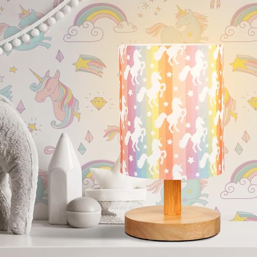 VIHOSE Cute Unicorn Kids Table Lamp for Bedroom Kids Bedside Lamp with Linen Wooden Nightstand Cartoon Nursery Lampshade for Girls Boys Living Room - Image 1