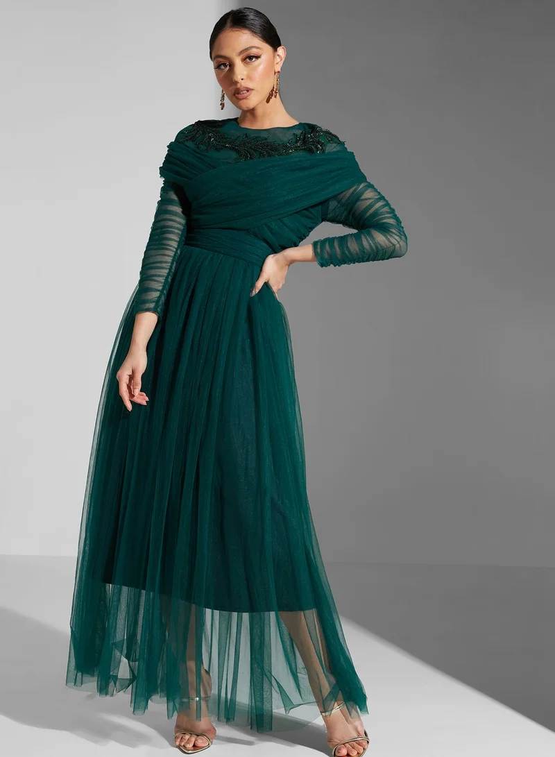 Namshi x Leen Aboushaar Embellished Pleated Dress With Ruching On Sleeve