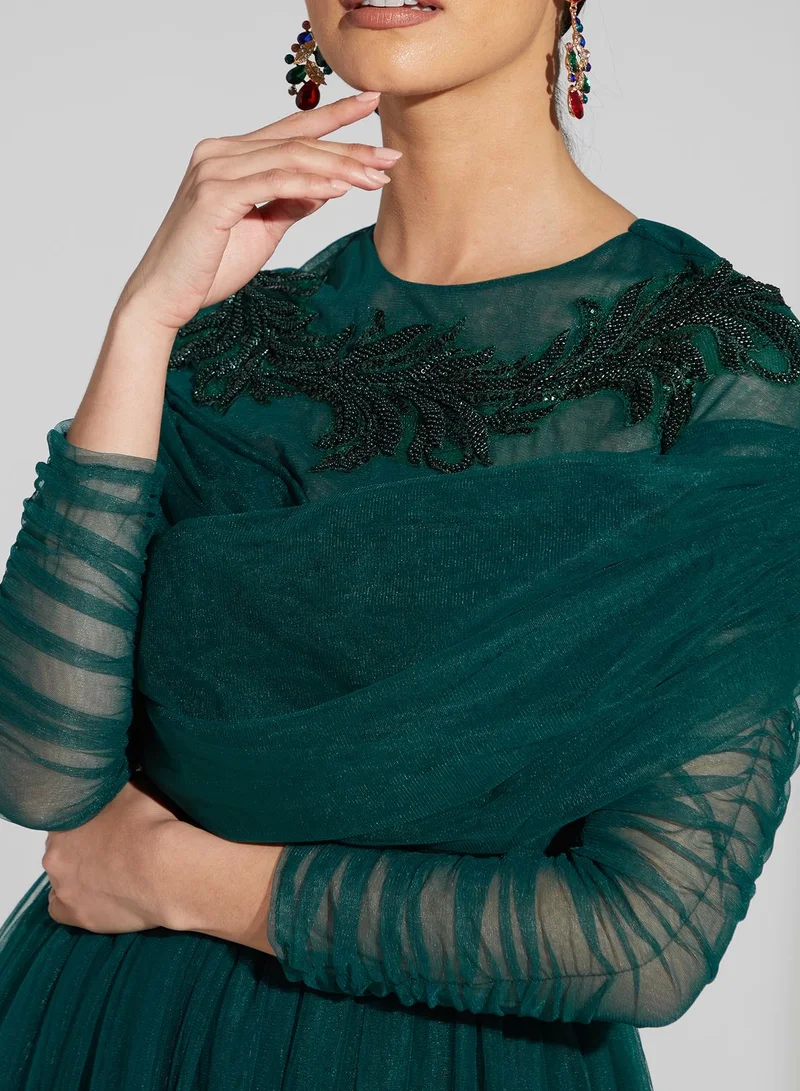 Namshi x Leen Aboushaar Embellished Pleated Dress With Ruching On Sleeve