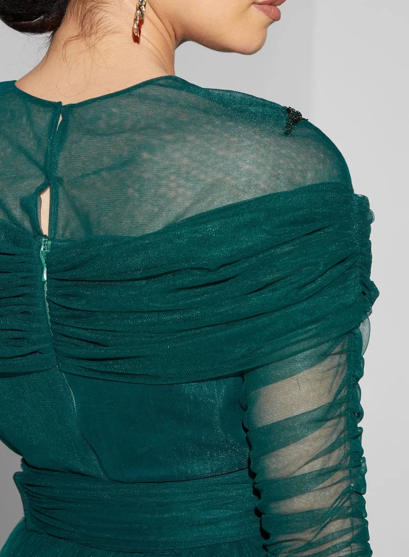 Namshi x Leen Aboushaar Embellished Pleated Dress With Ruching On Sleeve