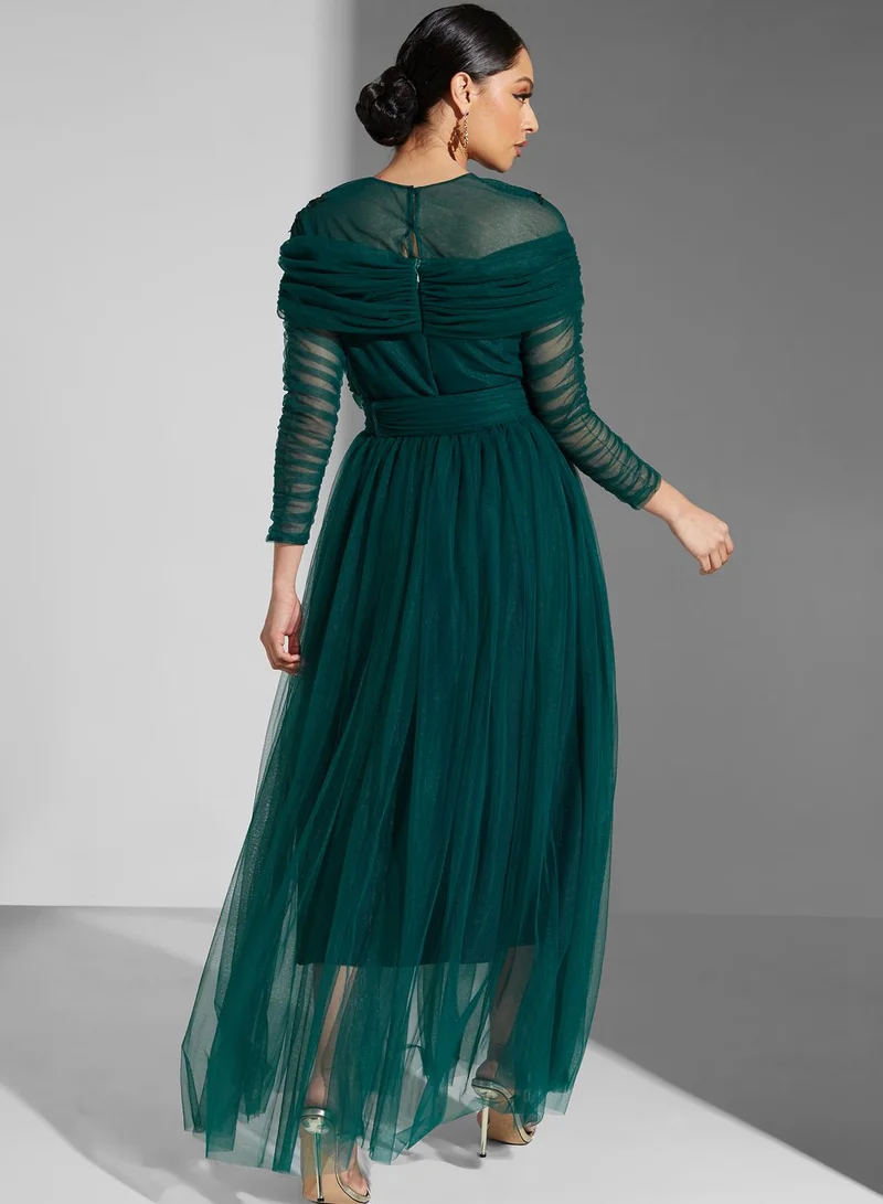 Namshi x Leen Aboushaar Embellished Pleated Dress With Ruching On Sleeve