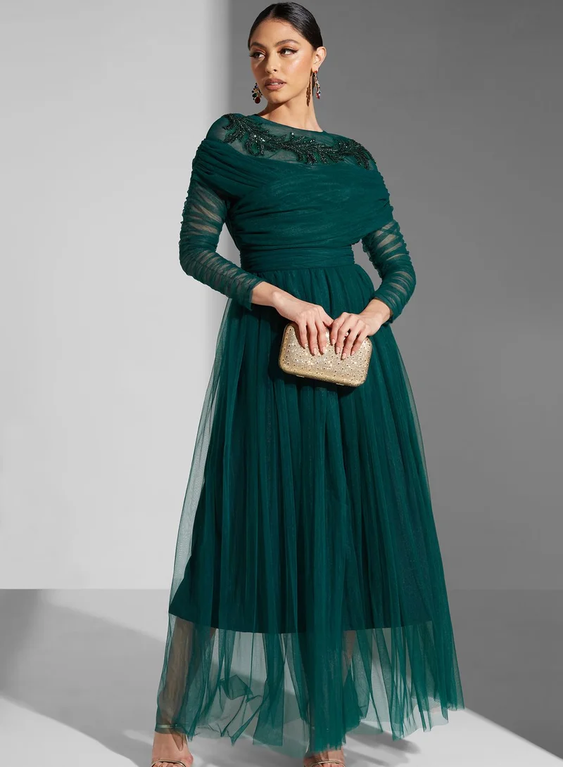 Namshi x Leen Aboushaar Embellished Pleated Dress With Ruching On Sleeve