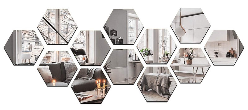 Prachit Prachit Self Adhesive Acrylic 3D Wall Mirror Sticker Wall Decor Mirror Sticker for Home and Office Honeycomb Shape Pack of 12 pcs 7x7 Cm