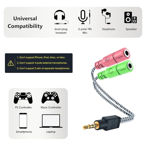 MillSO Headphone Mic Splitter, 3.5mm Headset Adapter (Microphone + Audio) 2 TRS Female to TRRS Male CTIA Stereo Jack Y Cable Compatible for Dual-Plug Gaming Headset to Xbox, PS4, Phone, Laptop, PC - Image 4